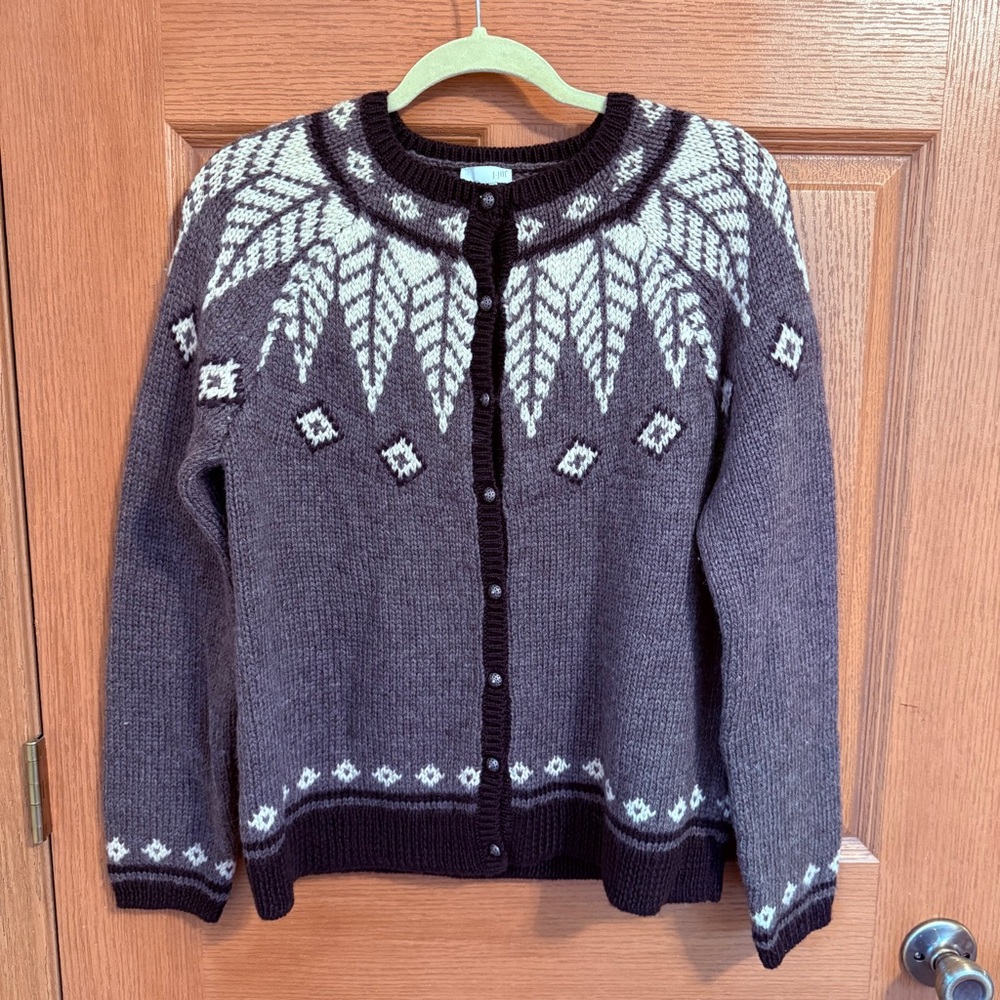J Jill Fair Isle Cardigan Sweater Womens Small brown off white wool blend